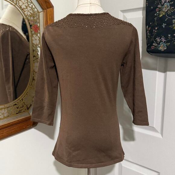 Y2K Colleen Lopez Dark Brown & Copper Beaded Ruched Mid Sleeve Glam Top S/M - Picture 5 of 7